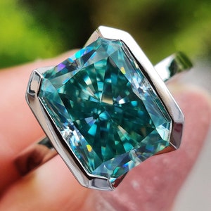 Cyan Blue Moissanite Ring, 4.35 CT Radiant Cut Moissanite Engagement Ring, Half Bezel Setting, Solitaire Wedding Ring, Anniversary Gift Ring