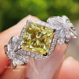 2.87 TW Canary Yellow Princess Cut Moissanite Ring, Vintage Engagement Ring, Bow Ribbon Ring, Halo Wedding Ring for Women, Anniversary Gifts