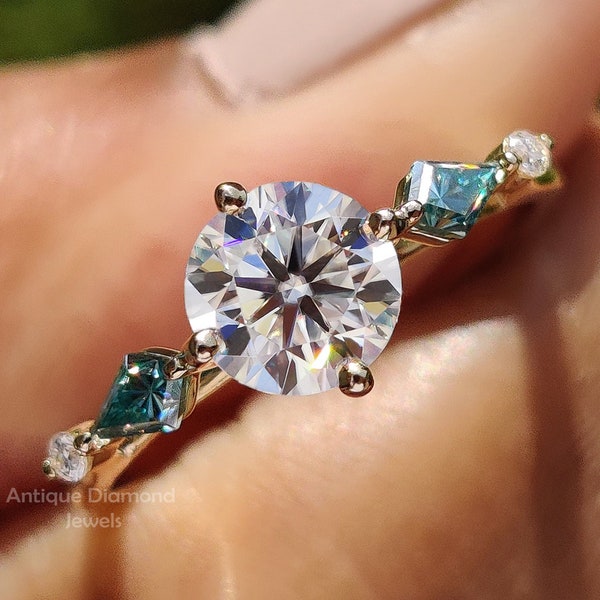 Five Stone Moissanite Engagement Ring, 1.06 TW Round Cut Colorless Moissanite Ring, Side Cyan Blue Kite Cut Moissanite, Wedding Ring for Her