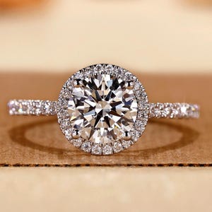 Halo Pave Lab Diamond Engagement Ring: 14k White Gold Cathedral Setting