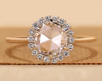 Rose Cut Lab Grown Diamond Ring: Halo Gold Engagement, IGI Certified