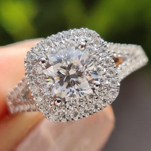 Double Halo Engagement Ring, Cushion Cut Moissanite Split Shank Ring, Vintage Style Engagement Ring, Accent Stones, Proposal Ring