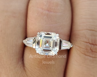 3.68 TW Asscher Cut Colorless Moissanite Three Stone Ring, Bullet Cut Moissanite, Engagement Ring, Anniversary Gift Ring, Two Tone Gold Ring