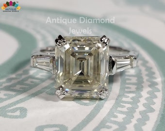 4.04 TCW Emerald Ring | Three Stone Ring | Side Baguette Ring | Near Colorless Moissanite Ring | Engagement Ring | Wedding Ring | Bridal Set