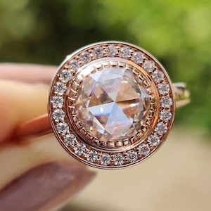 Mooie 1,15 TCW ronde roos geslepen moissaniet ring, ring set halo trouwring, roségouden ring, antieke moissaniet ring, ring voor vrouwen