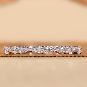 Pear Cut Lab Grown Diamond Half Eternity Ring, White Gold Wedding Band, Stacking Ring, Bridal Set Band, Floating Bubble Diamond Band