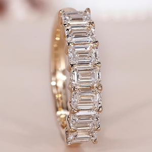Seven Stone Diamond Ring, Emerald Cut Lab Grown Diamond Band, Solid Yellow Gold, Shared Prong Wedding Band, Wide Stacking Ring, Handmade