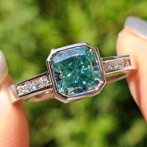 1.50 CT Cushion Cut Cyan Blue Moissanite Ring, Bezel Set, Channel Pave, Engagement Ring White Gold, Wedding Ring for Women, Anniversary Gift