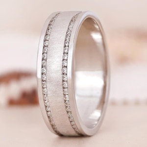 Mens Diamond Wedding Ring Round Cut Lab Grown Diamond 6mm Wide Mens Engagement Ring Eternity Ring for Him Brushed Finish Gold Band for Boys