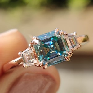 1.20 CT Asscher Cut Cyan Blue Moissanite Ring, Minimalist Ring, Engagement Ring, Three Stone Ring, Side Trapezoid Step Cut, Anniversary Ring