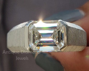 3.44 CT Emerald Cut Colorless Moissanite ring, Men's Statement Ring, Half Bezel Set Engagement Ring, Satin Finish Ring, Special Gift For His