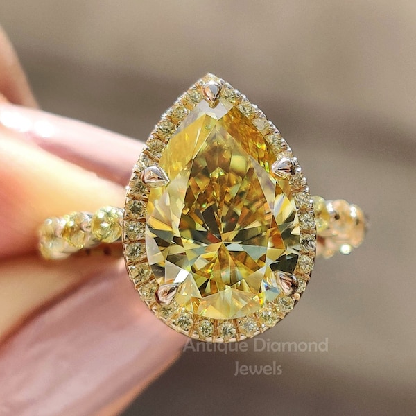 4.0 CTW Canary Yellow Pear Moissanite Halo Engagement Ring, Round Natural Yellow Sapphire, 3/4 Eternity Floating Bubble Band, Ring For Women