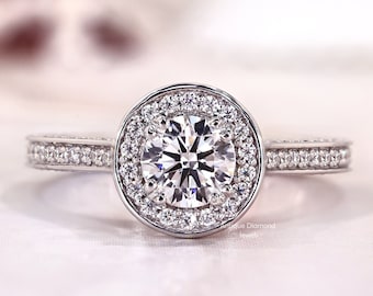 Enthralling Bezel Halo Engagement Ring: A Sparkling Symphony of Micro Pave