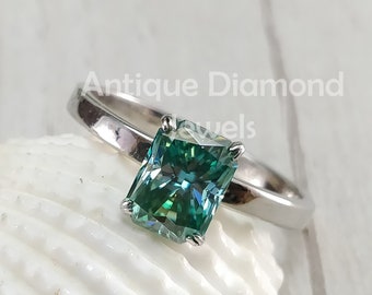 3.0 CT Solitaire Radiant Ring | Aqua Blue Green Moissanite Ring | Engagement Ring | 14 KT Solid White Gold Ring | Wedding Ring | Bridal Ring