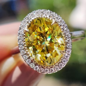 3ct Canary Yellow Oval Moissanite Halo Engagement Ring, Vintage Style Wedding Ring for Her, Customize Engagement Ring, Handmade by Ornamora