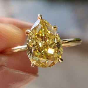 2 Carat Canary Yellow Pear Moissanite Engagement Ring, Solitaire Wedding Ring, Anniversary Gift, Five Prong Cathedral Setting Customize Ring