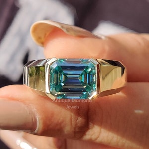 4.11 CT Emerald Cyan Blue Moissanite Ring, Men's Statement Ring, Half Bezel Set Engagement Ring, Perfect Gift for Him, Anniversary Gift Ring