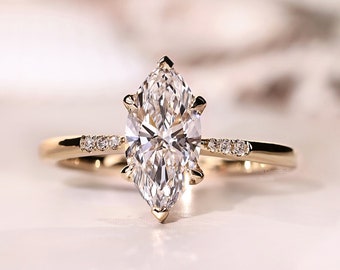 Elegant Marquise Diamond Ring in Yellow Gold - Lab Grown Diamond Engagement Ring, V Shaped Prongs, Gifts for Her