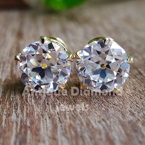 3.36 TW Round Old European Cut Moissanite Earrings, OEC Wedding Earrings, 18 KT Solid Yellow Gold Earrings, Bridal Set, Screw Back Earrings