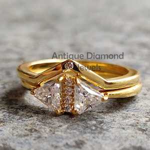 Triangle Cut Colorless Moissanite Ring with V-shaped Stackable Band | Wedding Band | Engagement Ring | Bridal Set | 10k/14k/18k Yellow Gold