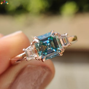 1.20 CT Asscher Cut Cyan Blue Moissanite Ring, Minimalist Ring, Engagement Ring, Three Stone Ring, Side Trapezoid Step Cut, Anniversary Ring