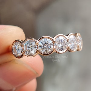 Moissanite Wedding band | 1.50 CT Round Colorless Moissanite Ring | Bezel Set Ring | Engagement Ring |14Kt Rose Gold | Bridal Set | 6 Stone