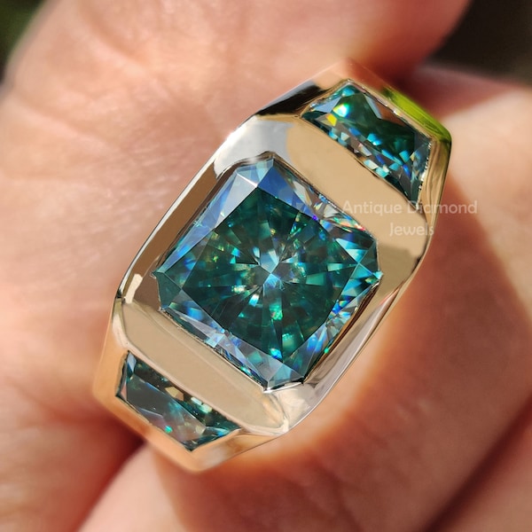 Aqua Blue Green Radiant Moissanite Ring For Him, Men's Ring, 6.41 TCW Three Stone Ring, Side Stone Trapezoid Moissanite Statement Ring, Gift