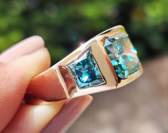 があぱあ モアサナイト3ct指輪12号ブルーグリーン&ピアス アクアブルーグリーンの輝くモアッサナイトリング、メンズリング