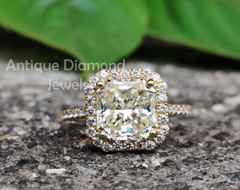 3.54 TW Square Radiant Light Yellow Moissanite Ring, French Pave Classic Halo Engagement Ring, Wedding Ring, Cathedral Ring