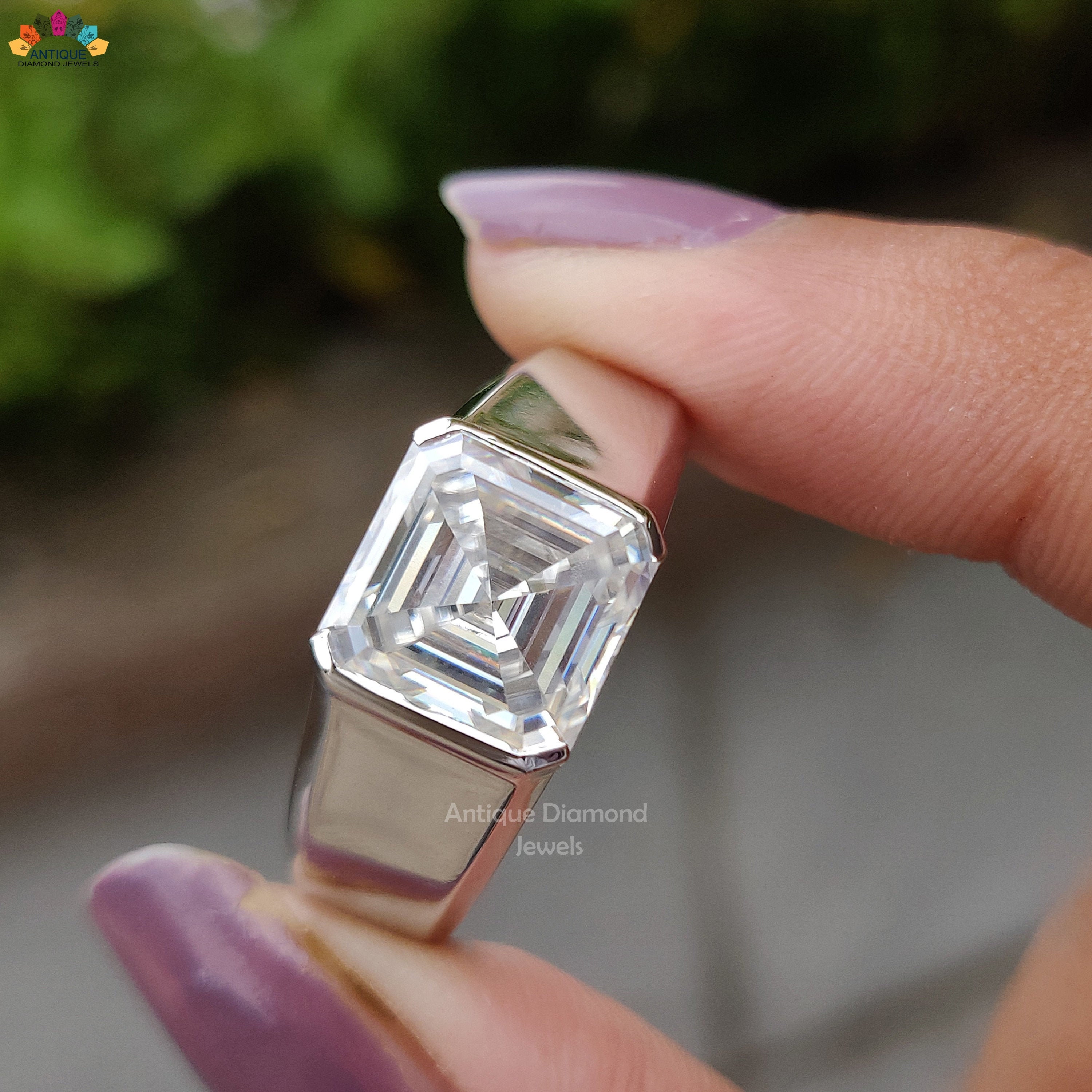 Buy Men s Statement Ring for Him 4.0 CT Asscher Cut Colorless Moissanite Ring Half Bezel Set Engagement Ring Special Gift for His White Gold Online in India Etsy