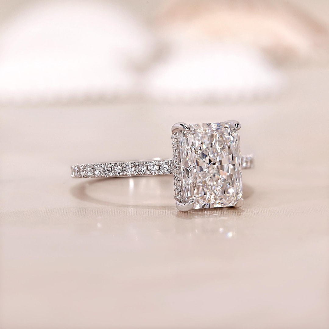 3 CT Radiant Cut Lab Grown Diamond Ring: Hidden Halo Pave Wedding Ring ...