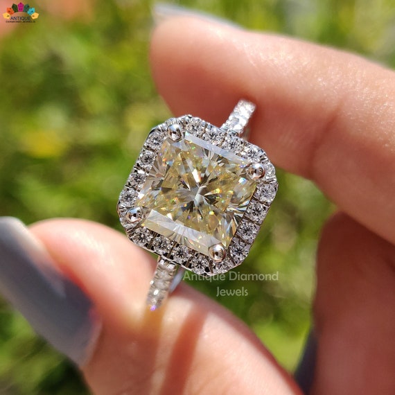 4.06 TCW Square Radiant off White Moissanite Ring Cathedral 