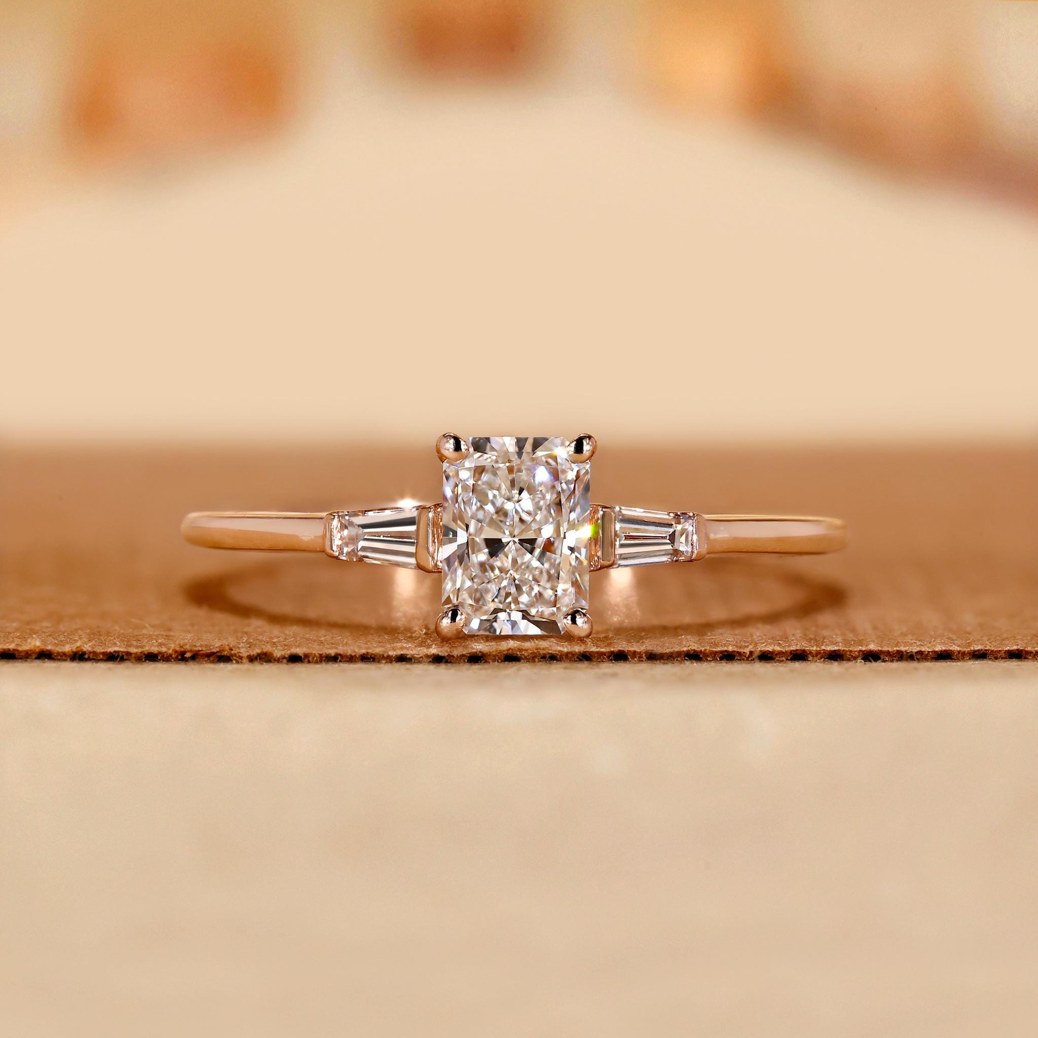 Radiant Cut Lab-Grown Diamond Engagement Ring - 10k Rose Gold with Tapered Baguette Side Stones Handmade 3-Stone Wedding Anniversary Jewelry