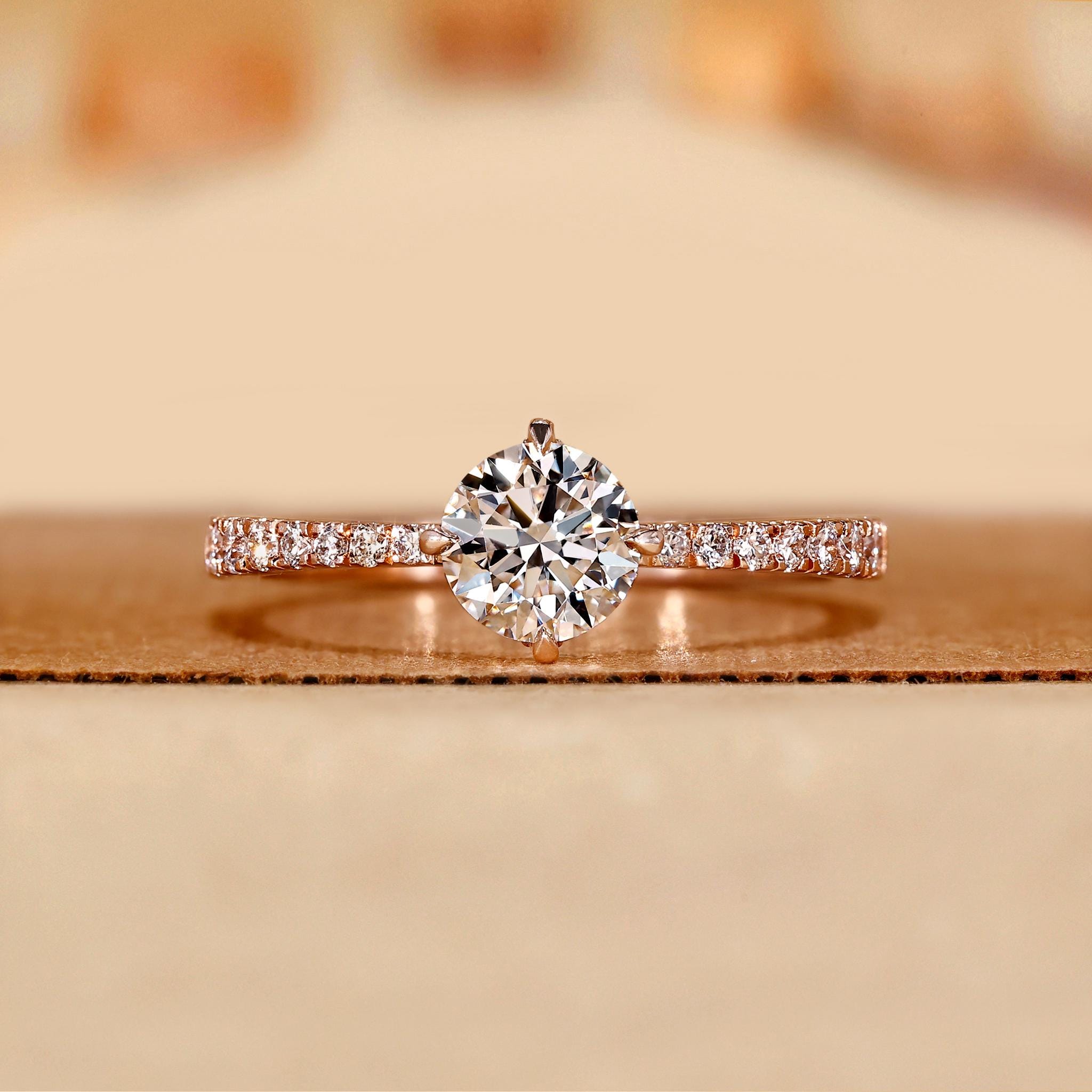 Lab Grown Diamond Ring Compass Setting, Hidden Halo Engagement Ring Rose Gold, IGI Certified Diamond Wedding Ring, Round Lab Created Diamond