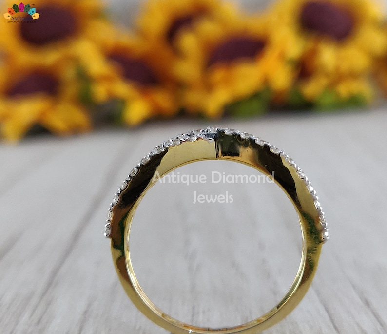 giftforher Anniversary band Moissanite band Crisscross wedding band made with 1.50mm RBC colorless moissanite in 14kt yellow gold