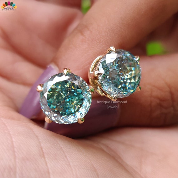 9.88 TCW Portuguese Cut Green Moissanite Stud Earrings Five Prong