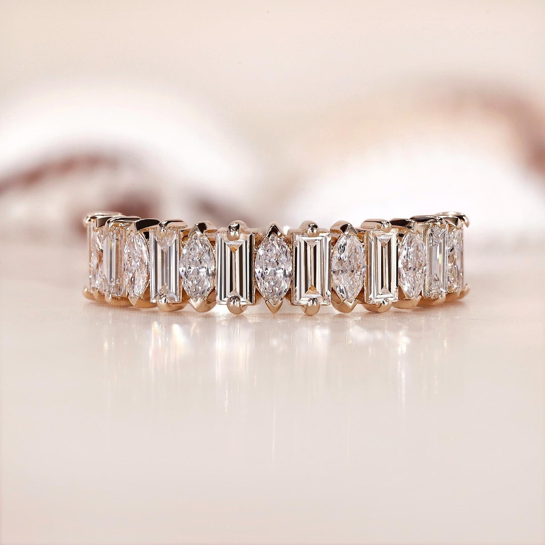 Lab Grown Diamond Band: Marquise & Baguette Half Eternity Wedding Ring ...