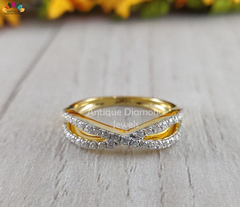 giftforher Anniversary band Moissanite band Crisscross wedding band made with 1.50mm RBC colorless moissanite in 14kt yellow gold