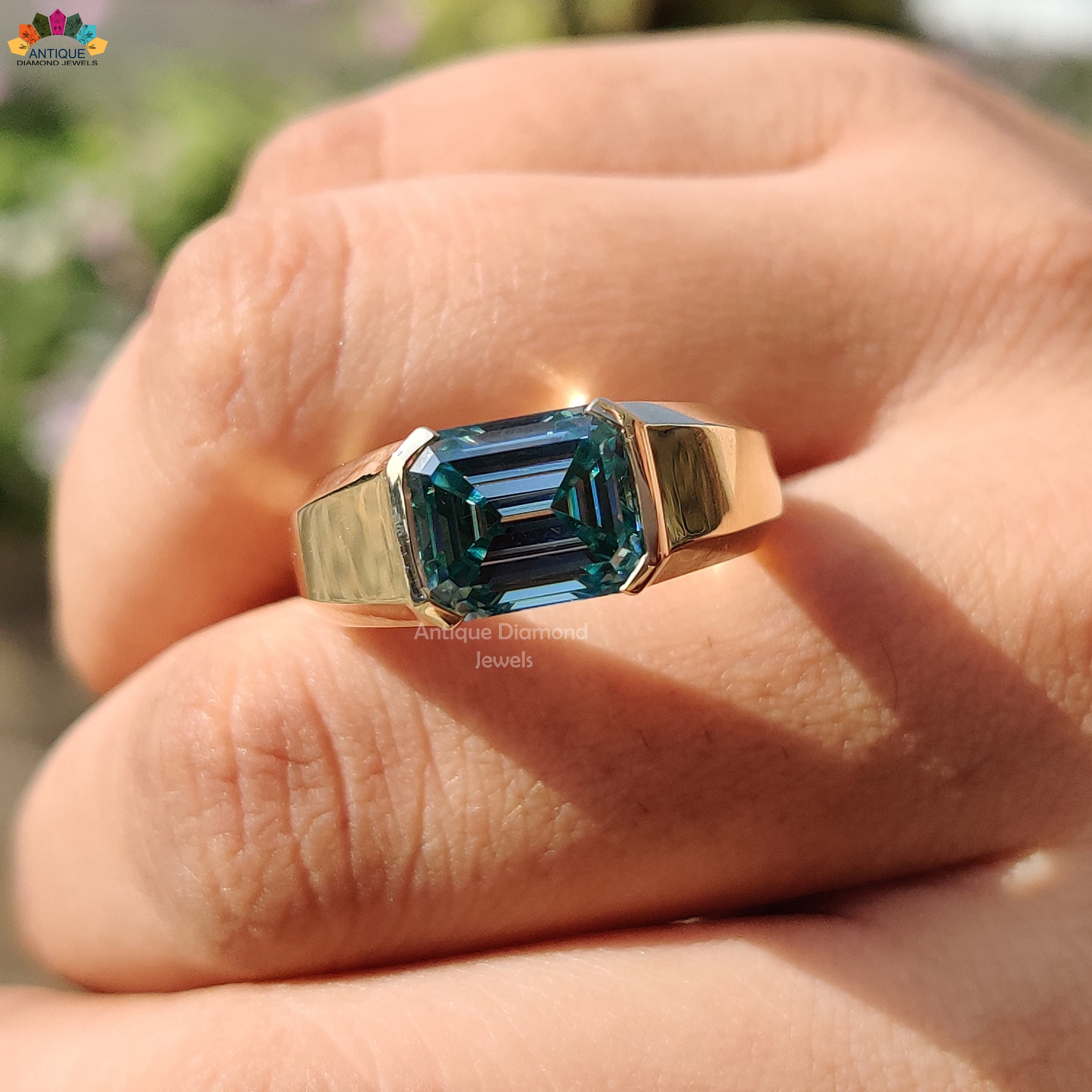 4.11 CT Emerald Cyan Blue Moissanite Ring Men's Statement Etsy