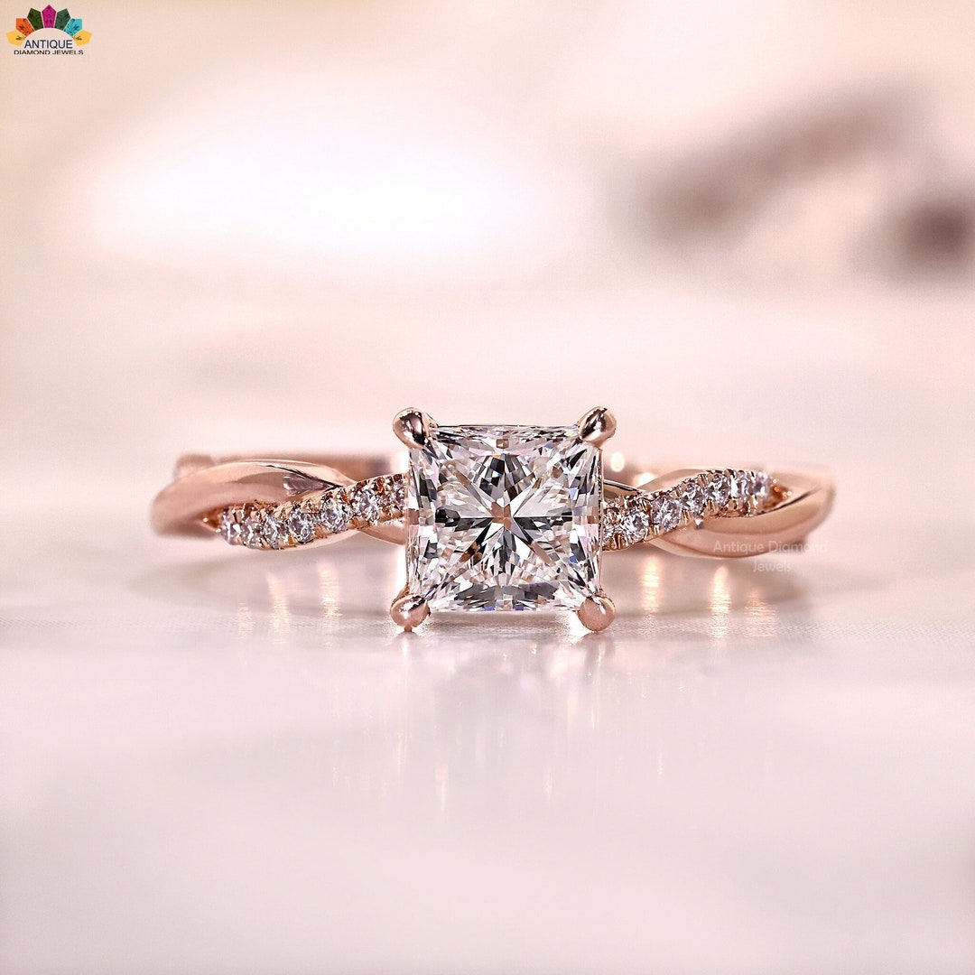 1 Carat Princess Cut Diamond Ring With Twisted Band in Rose Gold Pave Setting Perfect for Engagement and Wedding Anniversary Gifts Etsy Australia