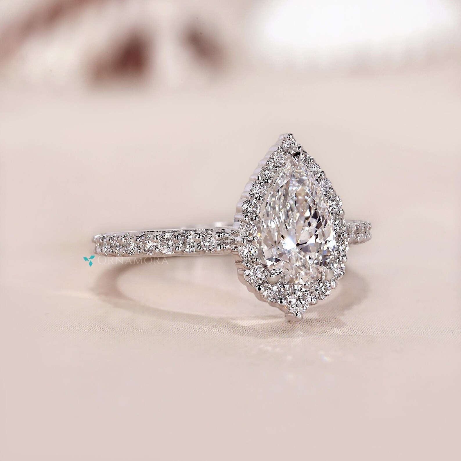IGI Certified Pear Cut Lab Grown Diamond Graduated Halo Engagement Ring ...