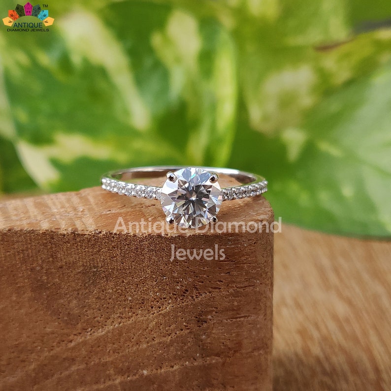 Dainty Ring 1.23 CT Round Colorless Moissanite Ring Engagement Ring 14KT White Gold Ring Wedding Ring Forever One Moissanite Ring