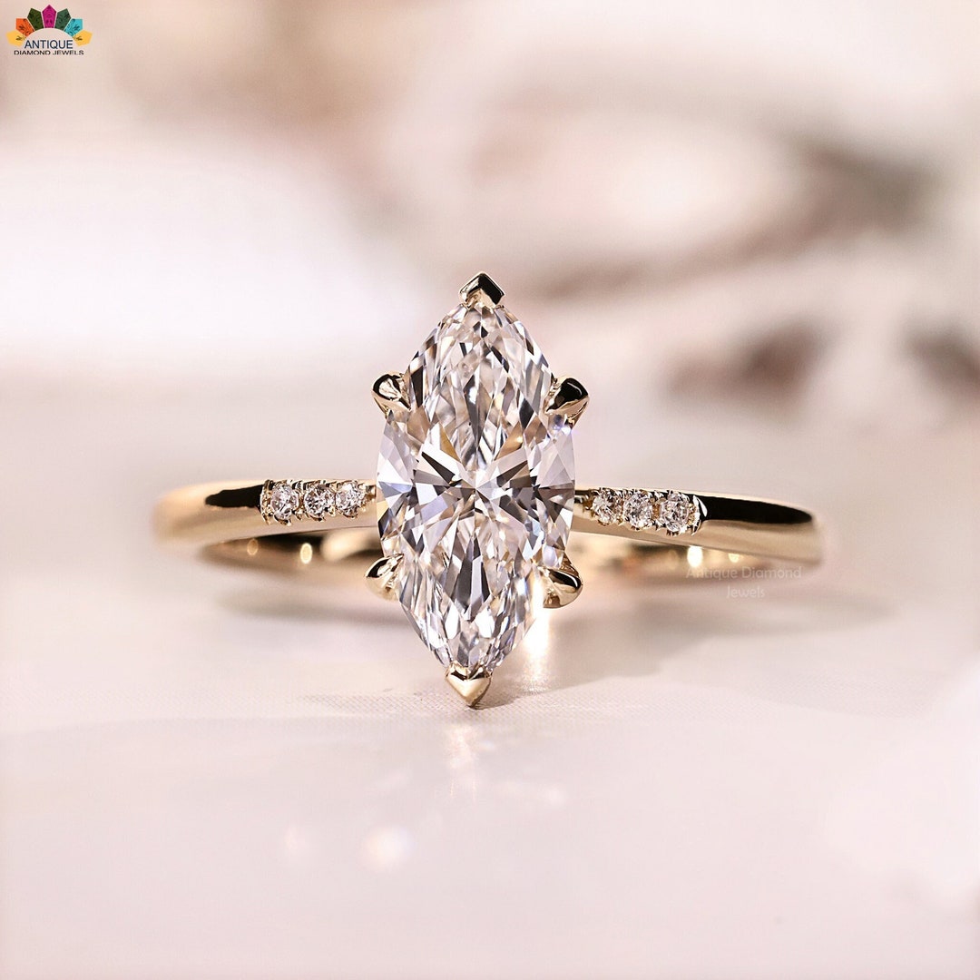 Elegant Marquise Diamond Ring in Yellow Gold Lab Grown Diamond Engagement Ring V Shaped Prongs Gifts for Her Etsy