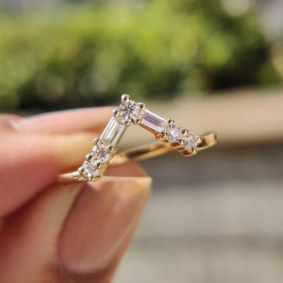 Moissanite Dainty Band Moissanite V-Shaped Wedding Band: Baguette