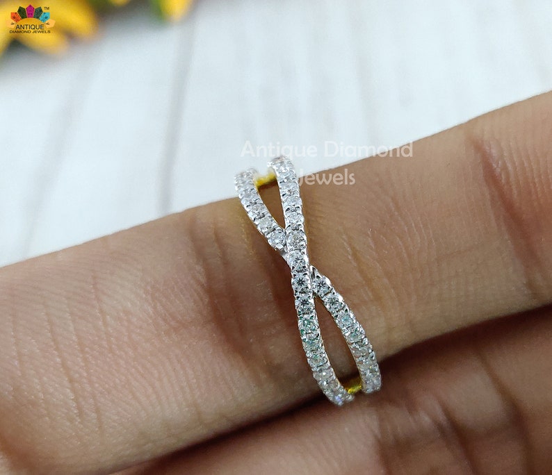 giftforher Anniversary band Moissanite band Crisscross wedding band made with 1.50mm RBC colorless moissanite in 14kt yellow gold