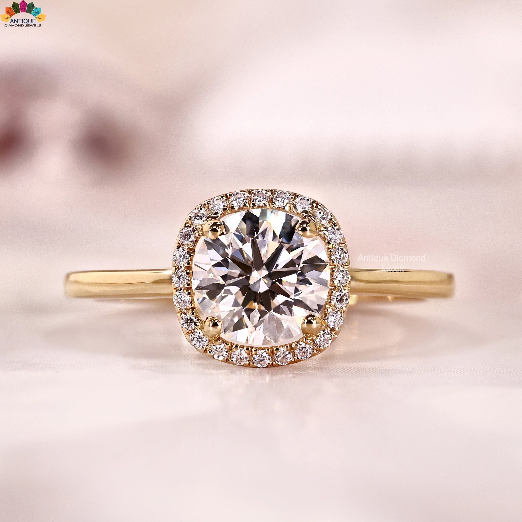 Round Halo Engagement Ring With Carat Lab Grown Diamond, 10kt