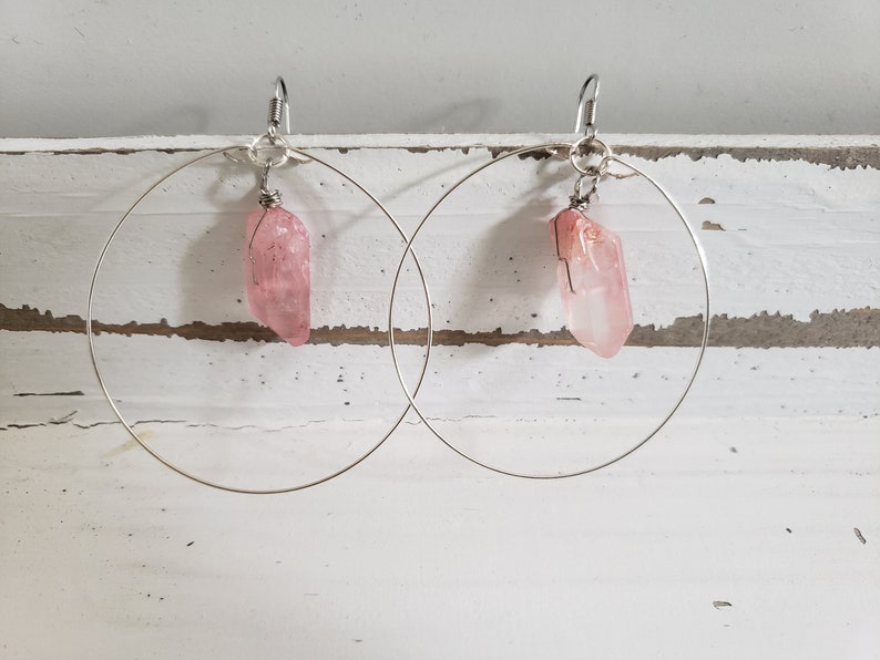 Quartz crystal hoop earrings gift beach boho earrings quartz earrings, pink quartz hoops silver plated hoop earrings resort jewelry
