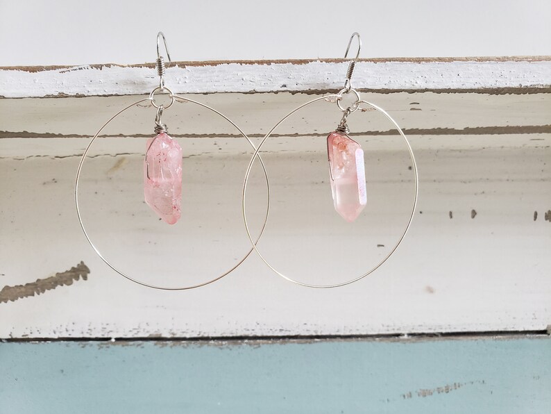 Quartz crystal hoop earrings gift beach boho earrings quartz earrings, pink quartz hoops silver plated hoop earrings resort jewelry