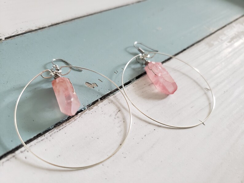 Quartz crystal hoop earrings gift beach boho earrings quartz earrings, pink quartz hoops silver plated hoop earrings resort jewelry