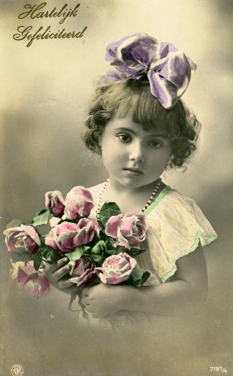 Vintage Birthday Vintage Dutch Birthday Greetings Real Photograph Postcard Little Girl with Flowers /'Hartelijk Gefeliciteerd/'